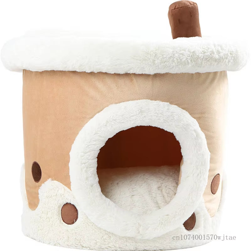 One Nest Dual-Use Milk Tea Coffee Cup Shaped Cat Nest, Fully Closed, Warm, Winter, Thickened, Small Dog, Teddy Kennel, Pet