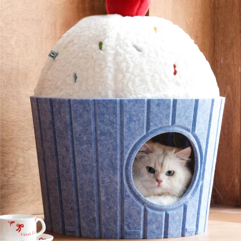 Cute Ice Cream Big Space Soft and Comfortable Felt Cat Bed Closed Hiding House for Pets Furnitures Pet Supplies