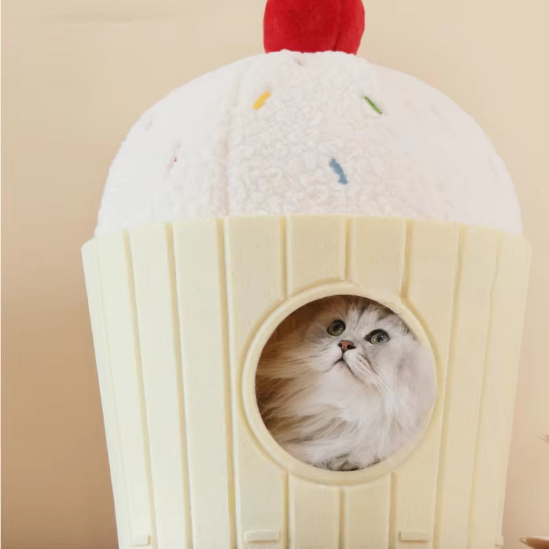 Cute Ice Cream Big Space Soft and Comfortable Felt Cat Bed Closed Hiding House for Pets Furnitures Pet Supplies