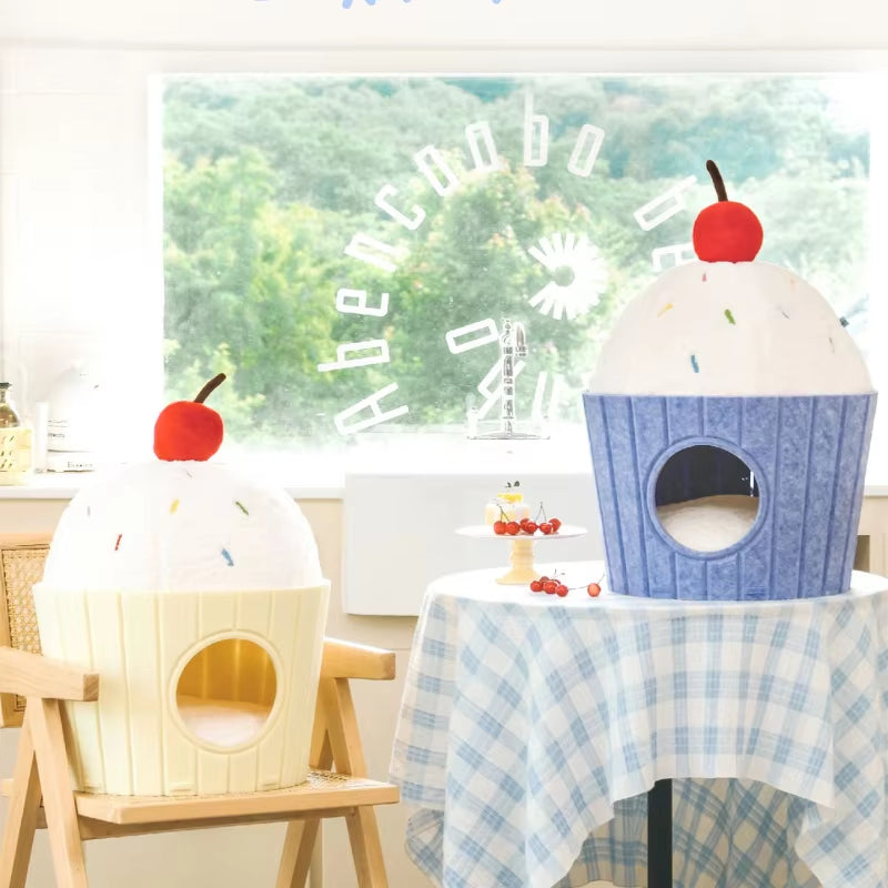 Cute Ice Cream Big Space Soft and Comfortable Felt Cat Bed Closed Hiding House for Pets Furnitures Pet Supplies