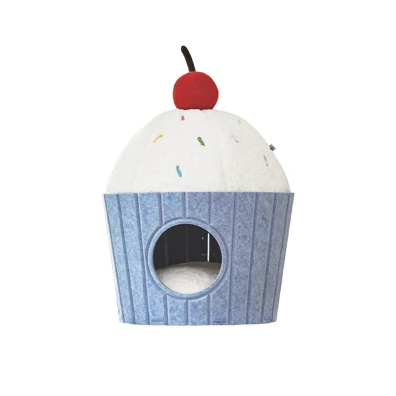 Cute Ice Cream Big Space Soft and Comfortable Felt Cat Bed Closed Hiding House for Pets Furnitures Pet Supplies