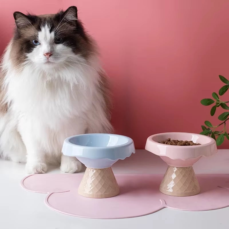 Ceramic Cat Bowl, Pet Ice Cream Bowl, High Footed Slanted Mouth, Neck Protection, Shock Resistance, Cat Food Bowl, Water Bowl