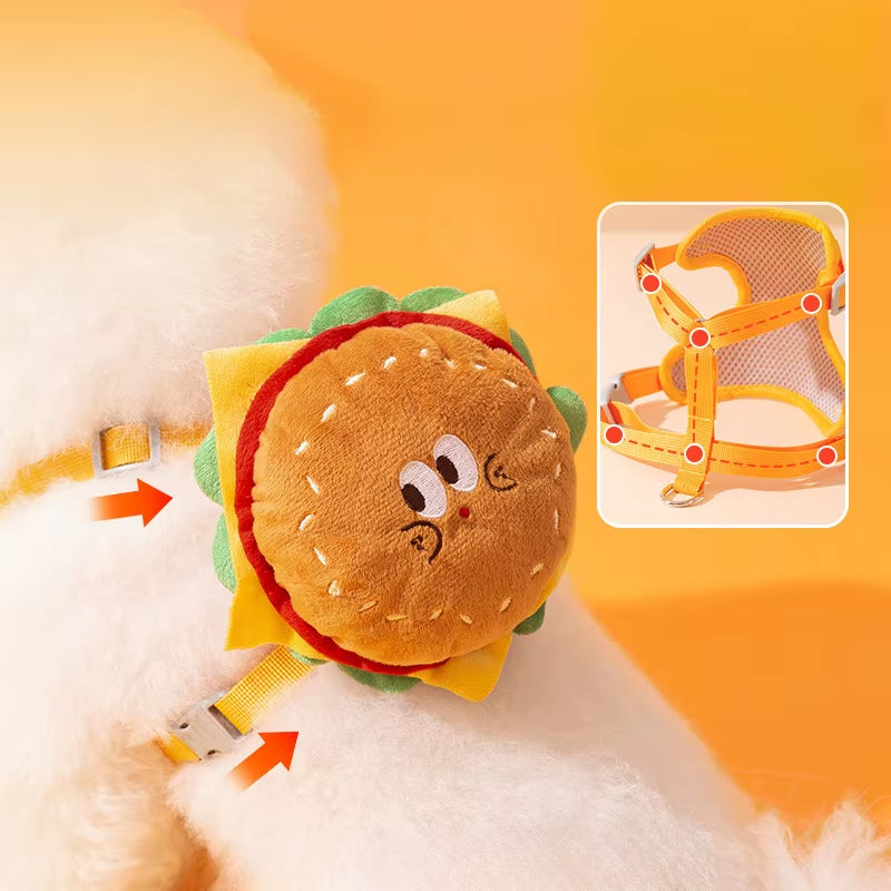 Pet Backpack Traction Rope Cat Vest Dog Chest Strap Going Out for a Walk Dog Rope Cartoon Hamburger Backpack Dog Traction Rope