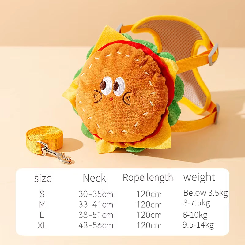 Pet Backpack Traction Rope Cat Vest Dog Chest Strap Going Out for a Walk Dog Rope Cartoon Hamburger Backpack Dog Traction Rope